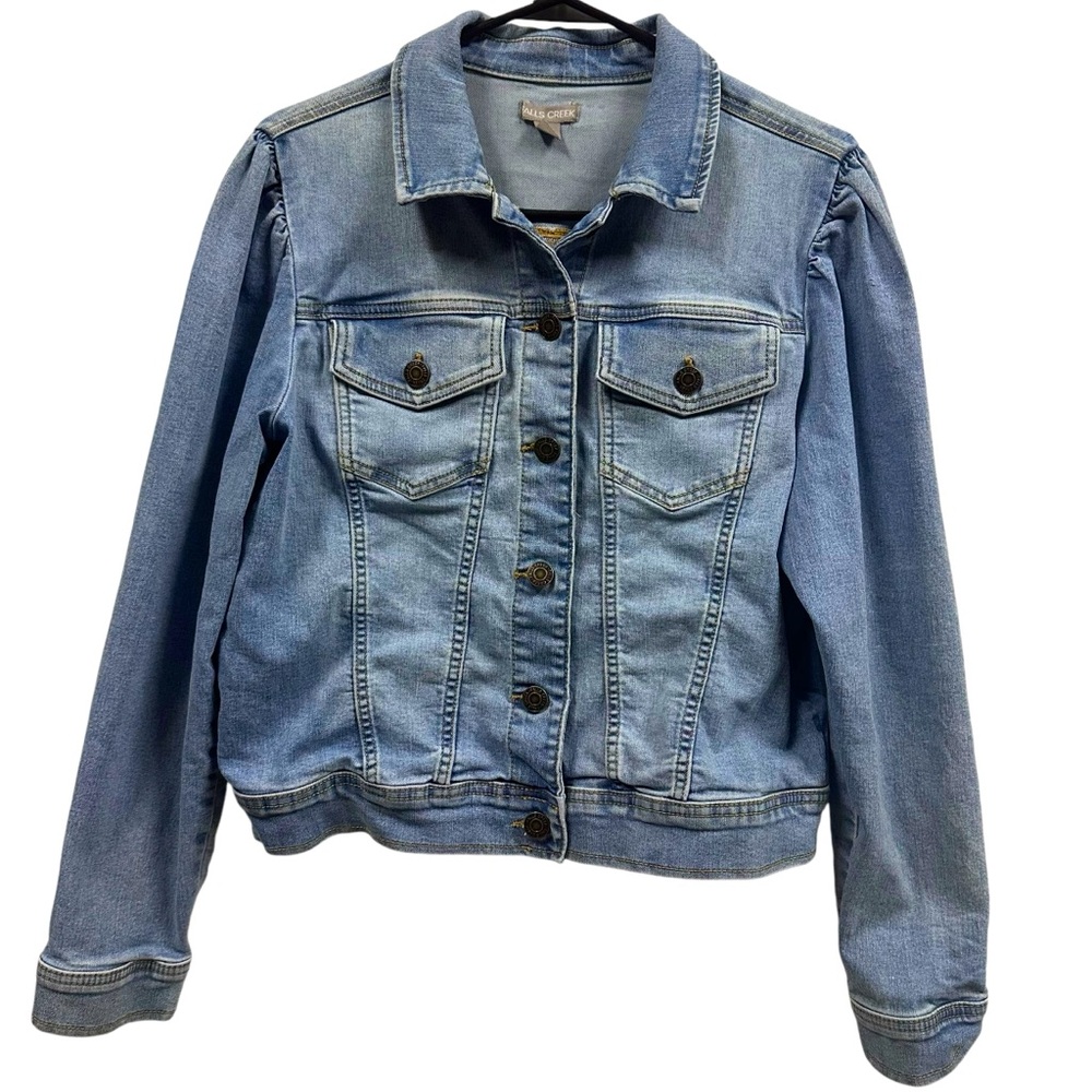 Falls Creek Denim Button Up Puff Shoulder Blue Jean Jacket With Pockets Large
